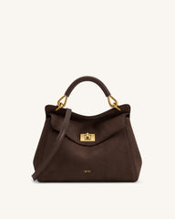Lucia Classic Faux Suede Top Handle Bag - Dark Brown