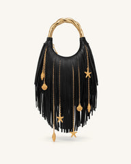 Chloe Metal Handle Fringe Top Handbag - Black