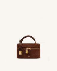 Cleo Faux Suede Box Shape Top Handle Bag - Chocolate Brown
