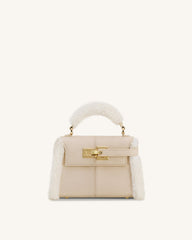 Elise Faux Suede Shearling Trim Top Handle Bag - Taupe